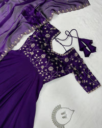 Wine Embroidered Vichitra Anarkali Set