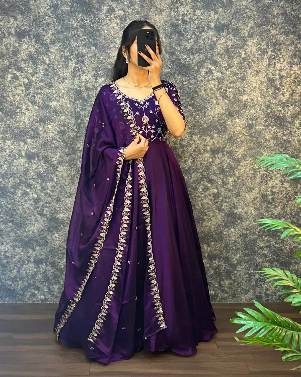 Wine Embroidered Vichitra Anarkali Set
