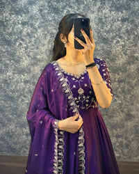 Wine Embroidered Vichitra Anarkali Set