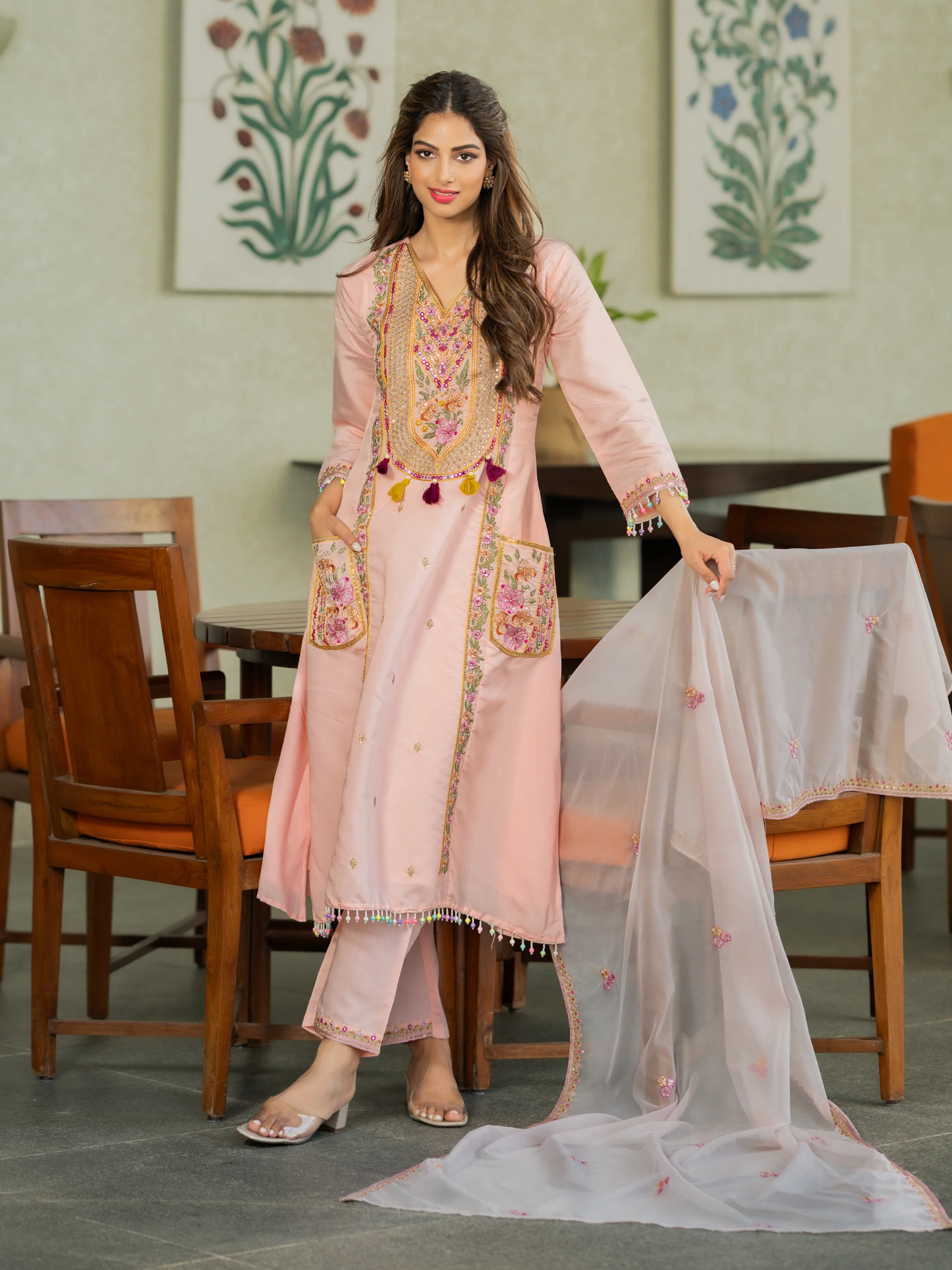 Cream P.V. Chanderi Embroidered Kurti Set