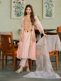 Cream P.V. Chanderi Embroidered Kurti Set