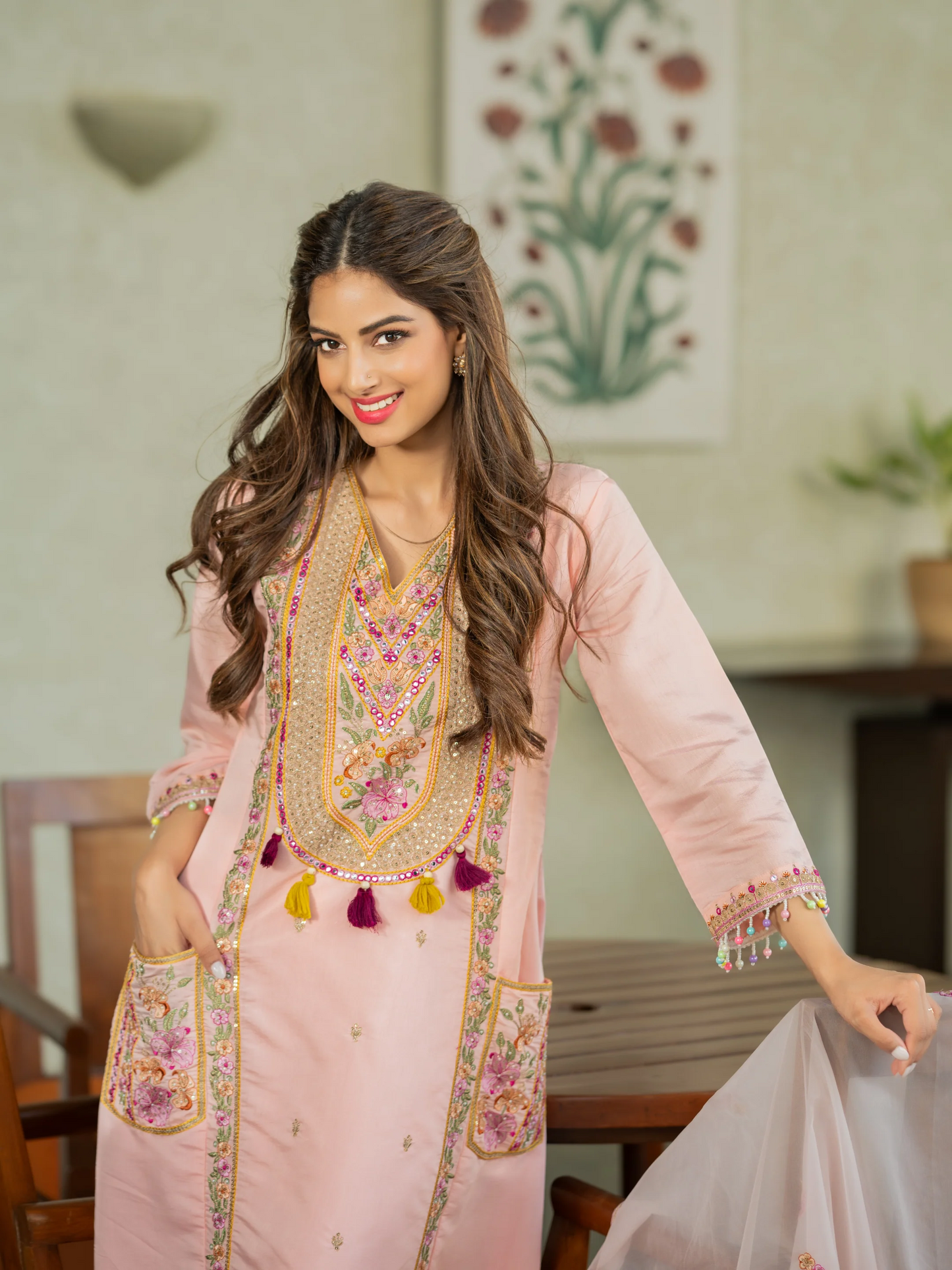 Cream P.V. Chanderi Embroidered Kurti Set