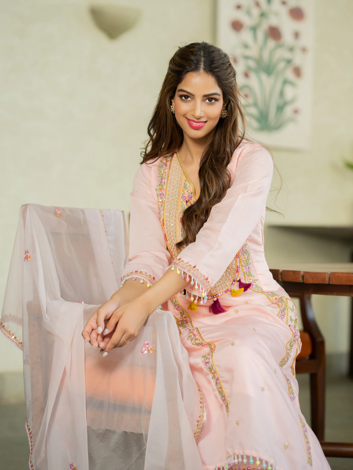 Cream P.V. Chanderi Embroidered Kurti Set
