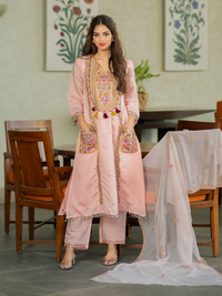 Cream P.V. Chanderi Embroidered Kurti Set