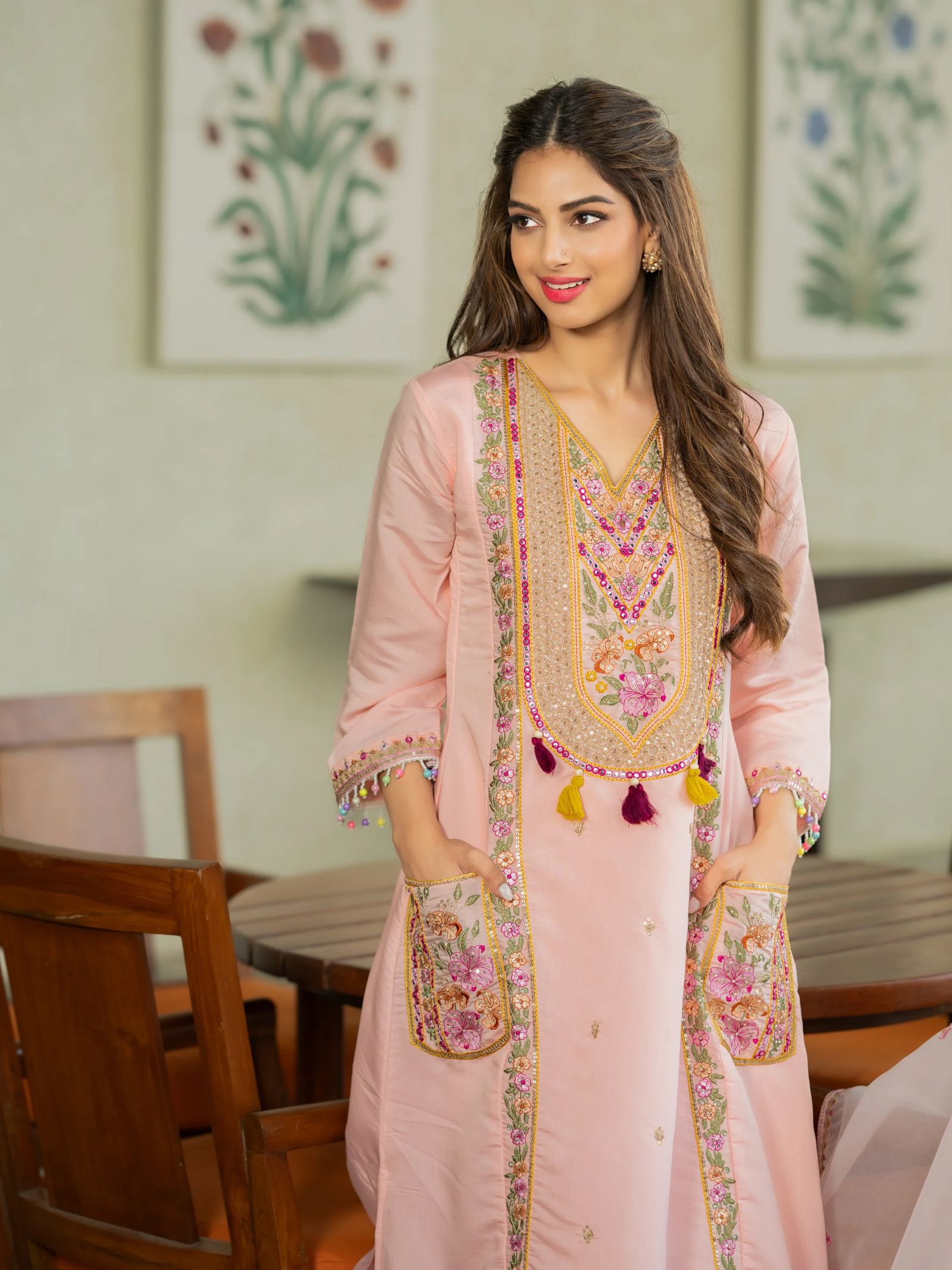 Cream P.V. Chanderi Embroidered Kurti Set