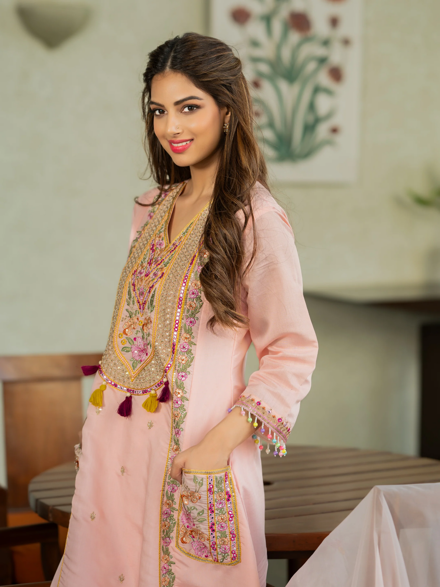 Cream P.V. Chanderi Embroidered Kurti Set