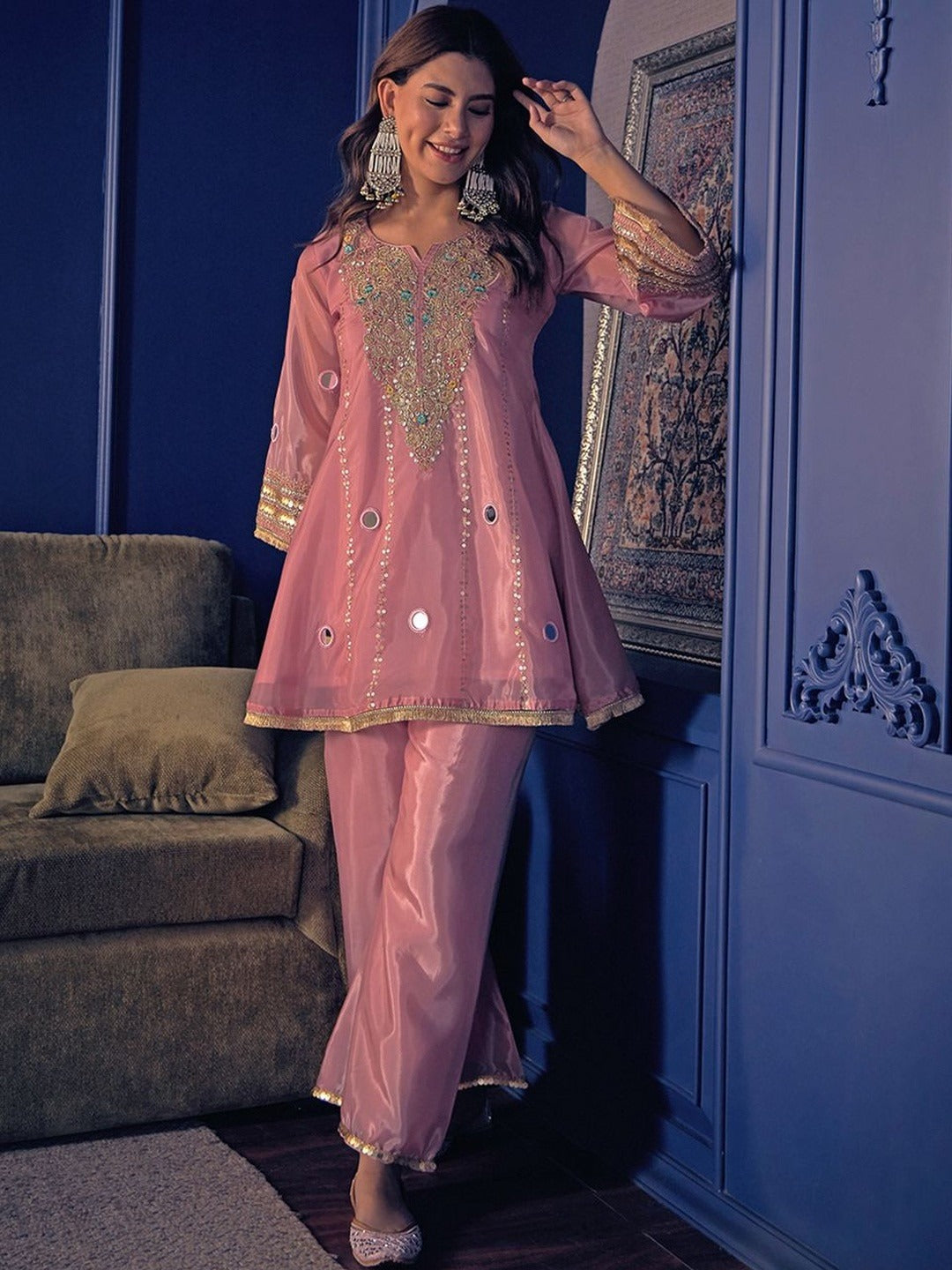 Peach Handwork Silk Crepe Pant Set