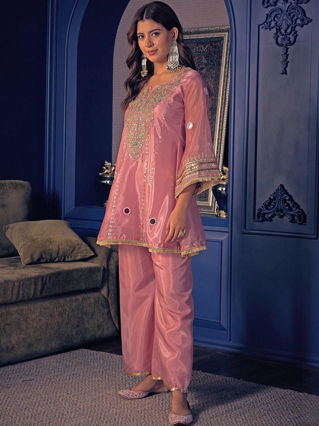 Peach Handwork Silk Crepe Pant Set
