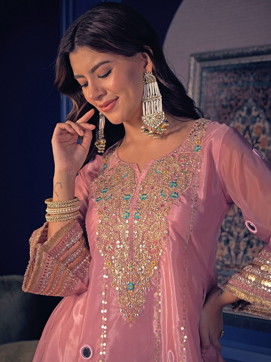 Peach Handwork Silk Crepe Pant Set