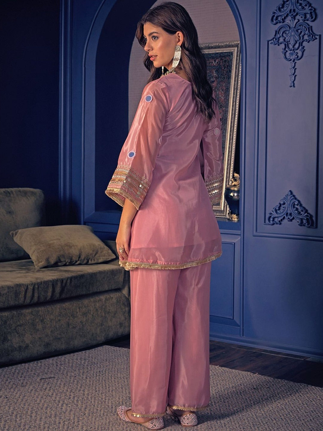 Peach Handwork Silk Crepe Pant Set