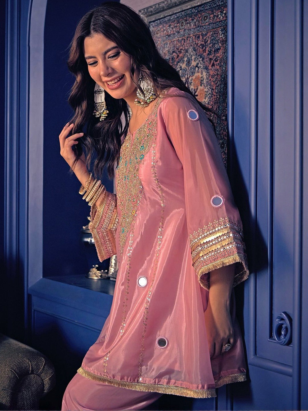 Peach Handwork Silk Crepe Pant Set