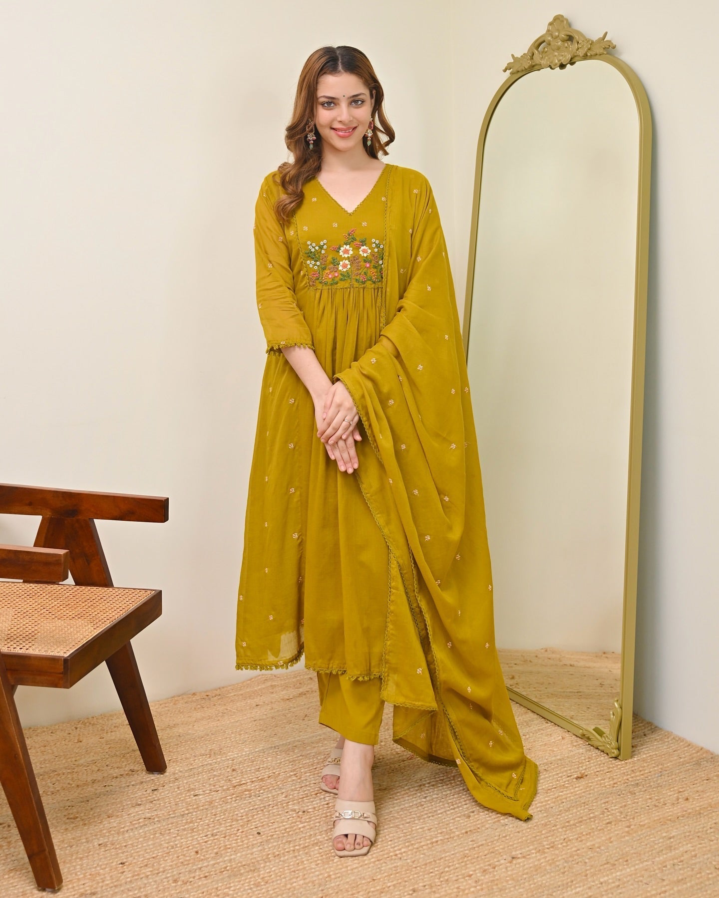 Mustard Yellow Mul Chanderi Embroidered Kurta Set