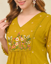 Mustard Yellow Mul Chanderi Embroidered Kurta Set