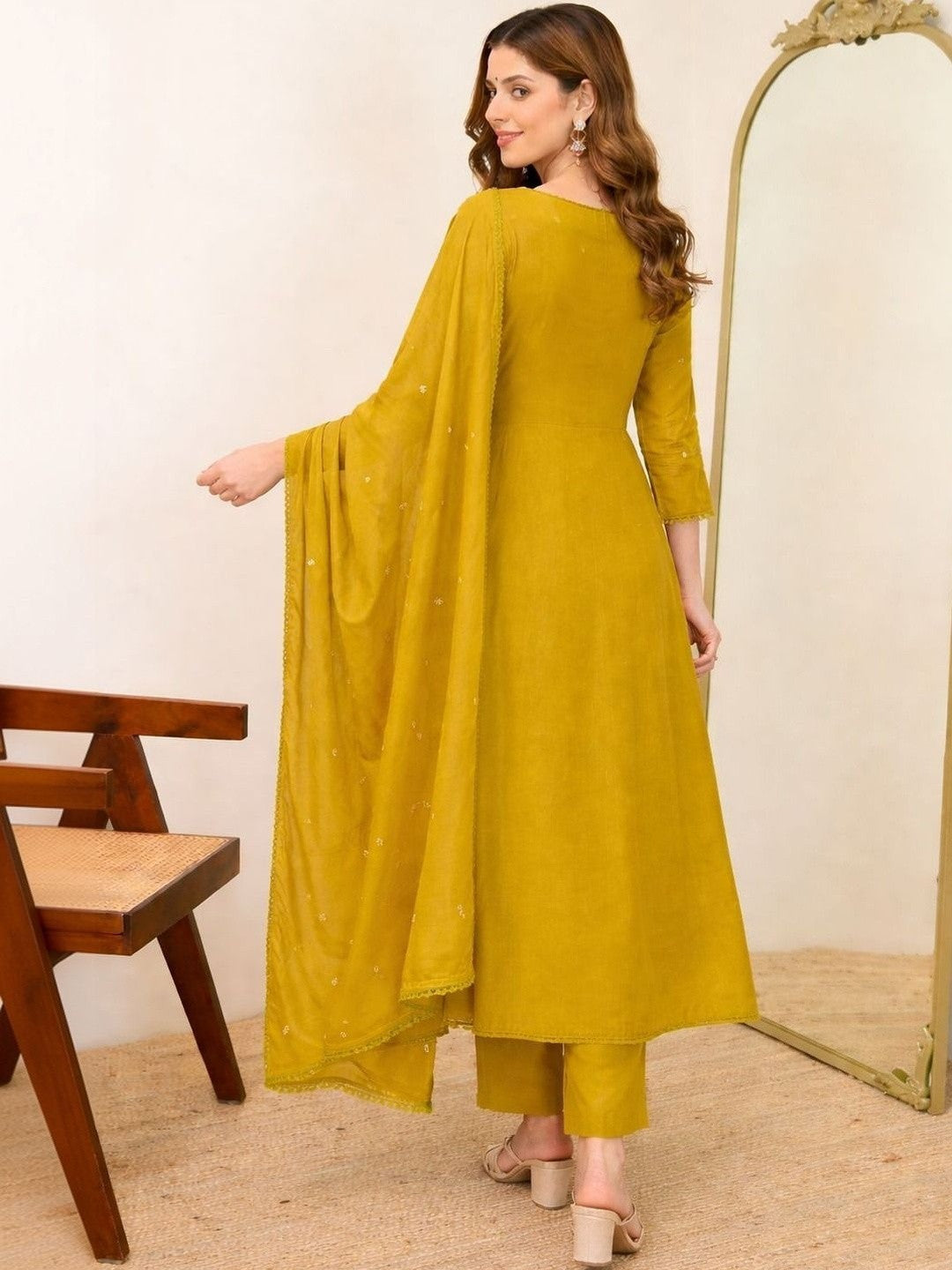 Mustard Yellow Mul Chanderi Embroidered Kurta Set
