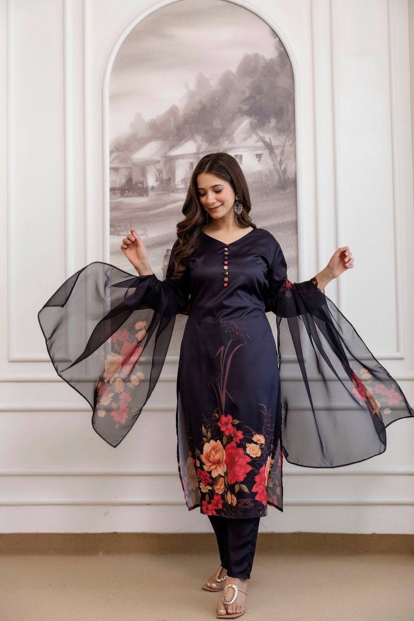 Black Floral Printed A-Line Kurta Set