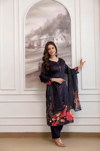 Black Floral Printed A-Line Kurta Set