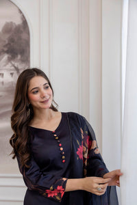Black Floral Printed A-Line Kurta Set