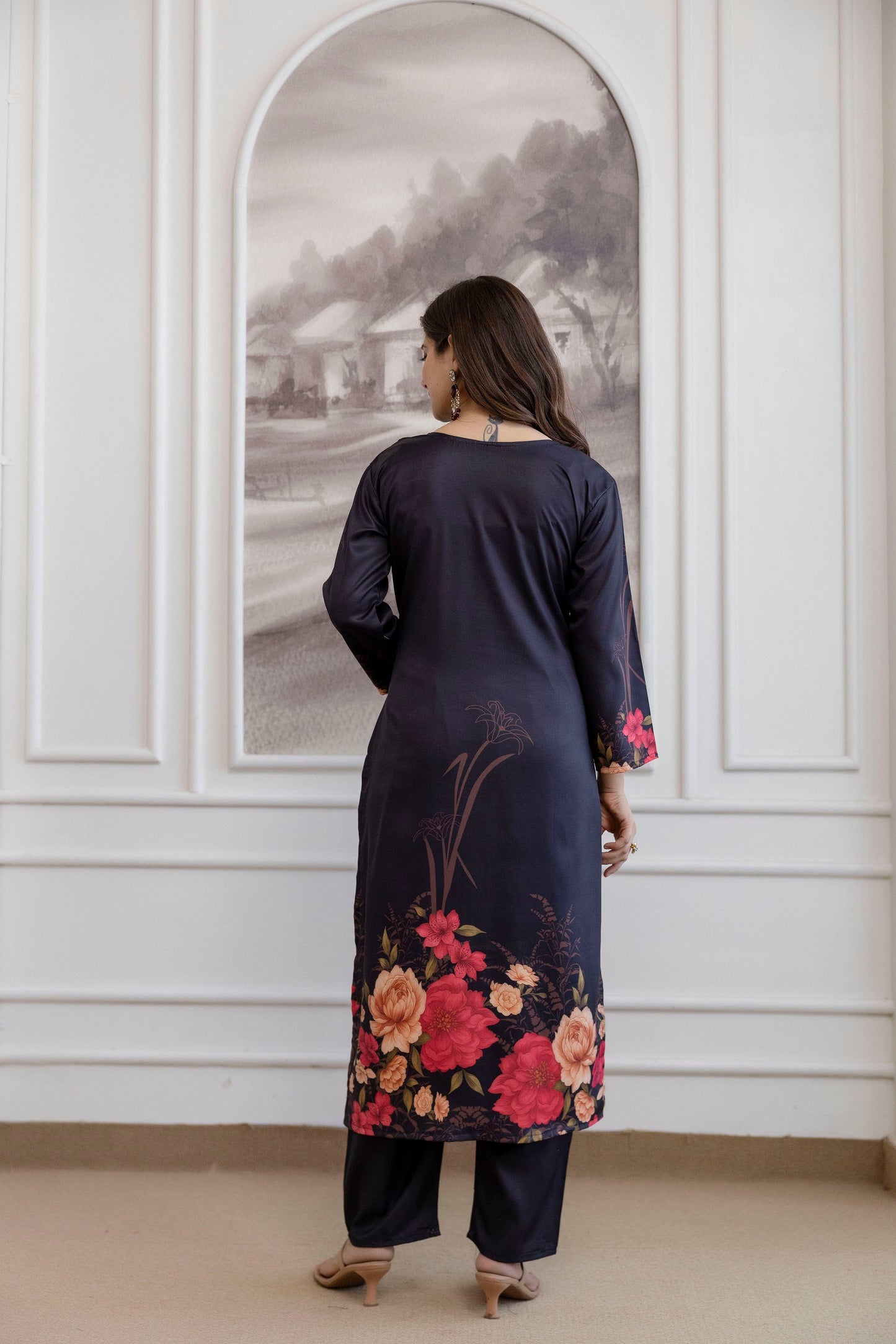 Black Floral Printed A-Line Kurta Set