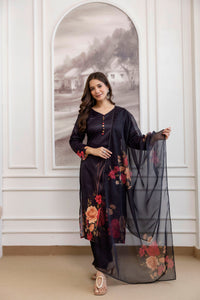 Black Floral Printed A-Line Kurta Set