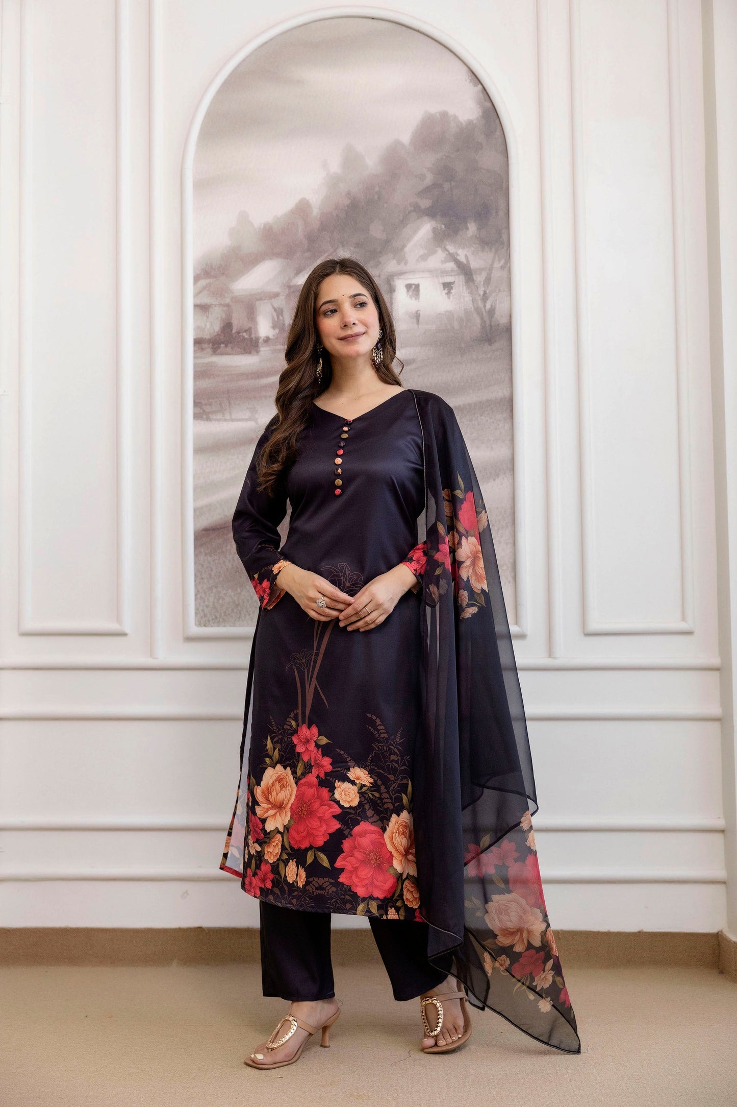 Black Floral Printed A-Line Kurta Set