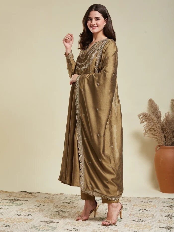 Gold Embroidered Vichitra Silk Sharara Suit Set