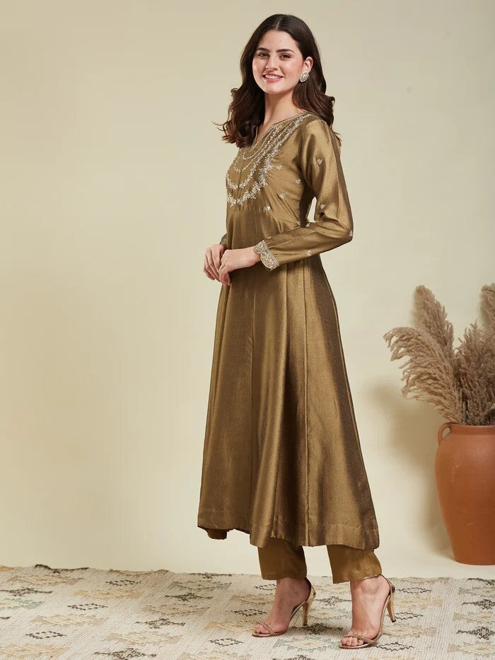 Gold Embroidered Vichitra Silk Sharara Suit Set