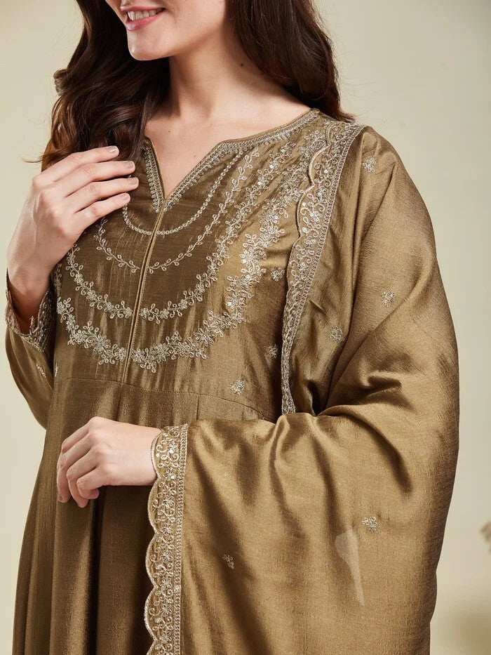Gold Embroidered Vichitra Silk Sharara Suit Set