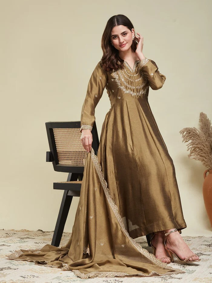 Gold Embroidered Vichitra Silk Sharara Suit Set
