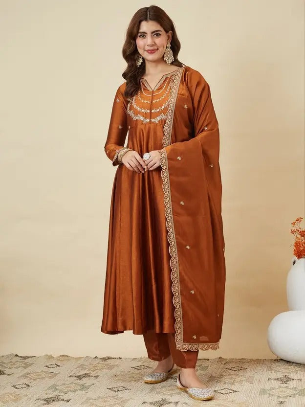 Orange Embroidered Vichitra Silk Sharara Suit Set