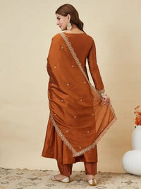 Orange Embroidered Vichitra Silk Sharara Suit Set