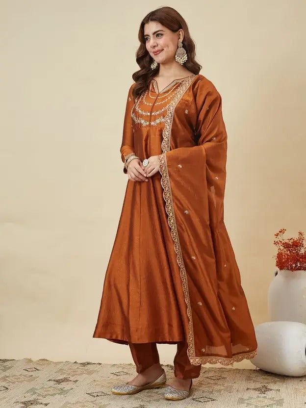 Orange Embroidered Vichitra Silk Sharara Suit Set