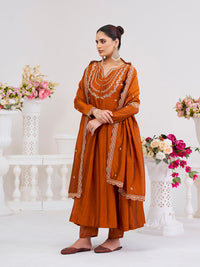 Orange Embroidered Vichitra Silk Sharara Suit Set
