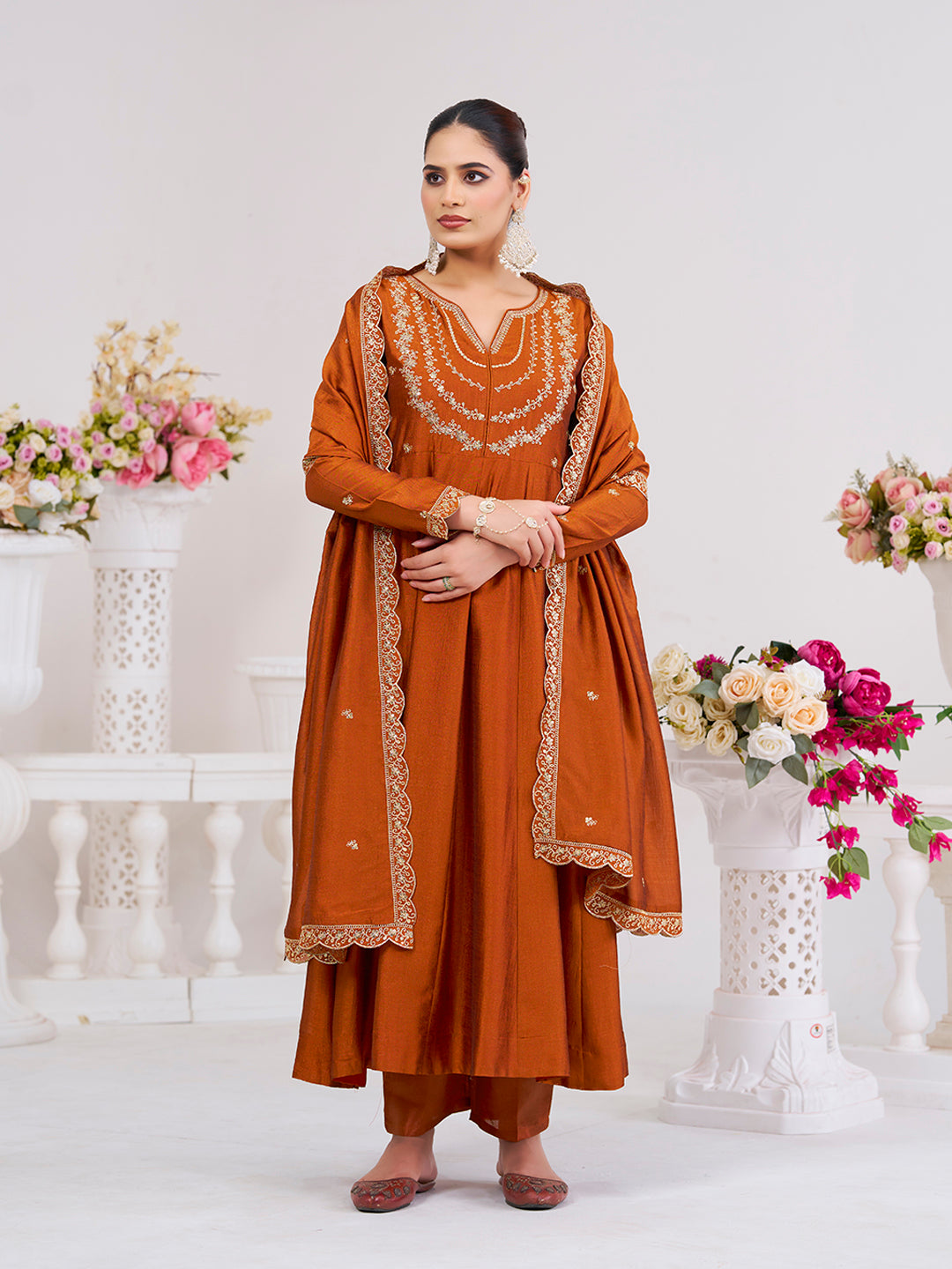 Orange Embroidered Vichitra Silk Sharara Suit Set