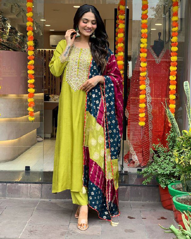 Lemon Yellow Embroidered Viscose Chanderi Suit Set
