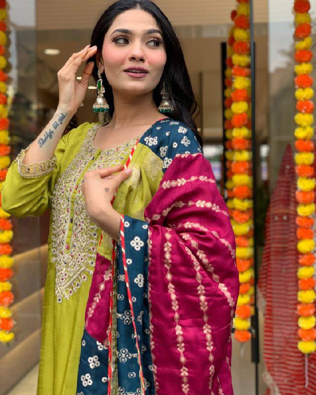 Lemon Yellow Embroidered Viscose Chanderi Suit Set