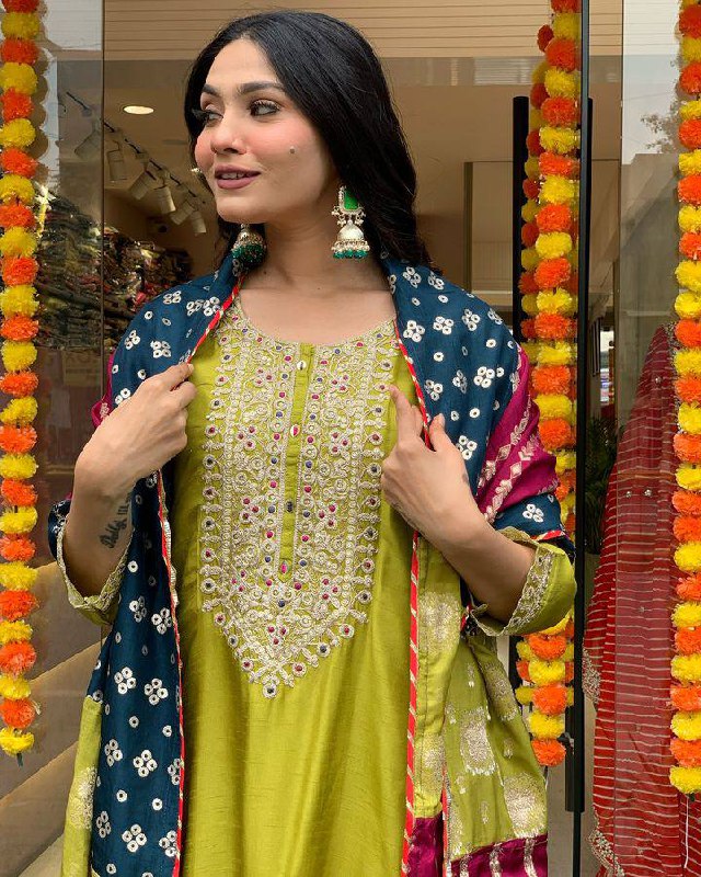 Lemon Yellow Embroidered Viscose Chanderi Suit Set