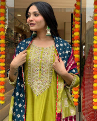 Lemon Yellow Embroidered Viscose Chanderi Suit Set