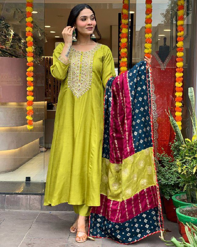 Lemon Yellow Embroidered Viscose Chanderi Suit Set