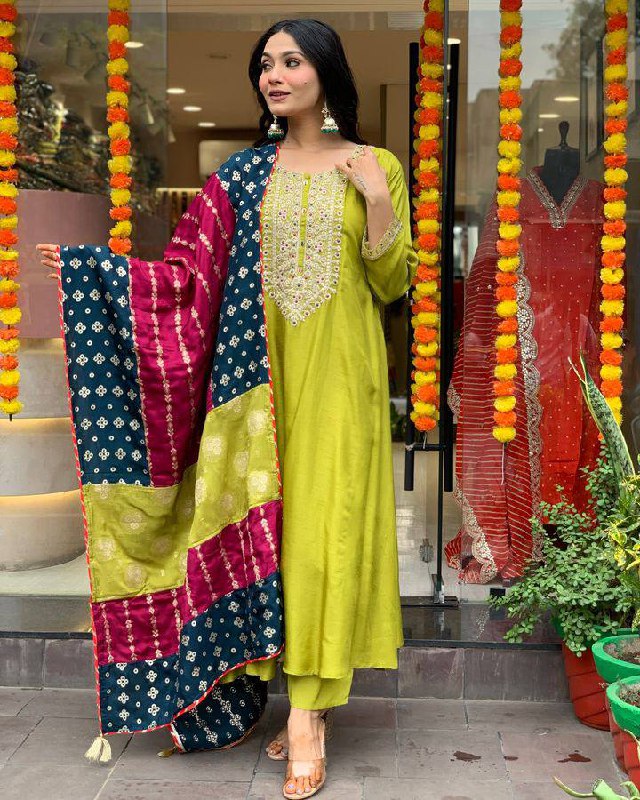 Lemon Yellow Embroidered Viscose Chanderi Suit Set