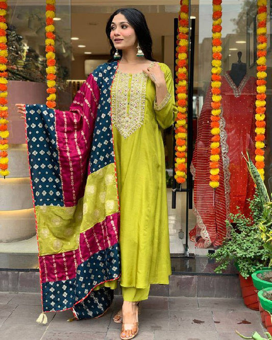 Lemon Yellow Embroidered Viscose Chanderi Suit Set