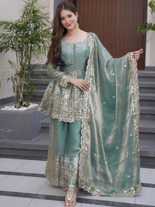 Sky Blue Fandy Silk Embroidered Sharara Set