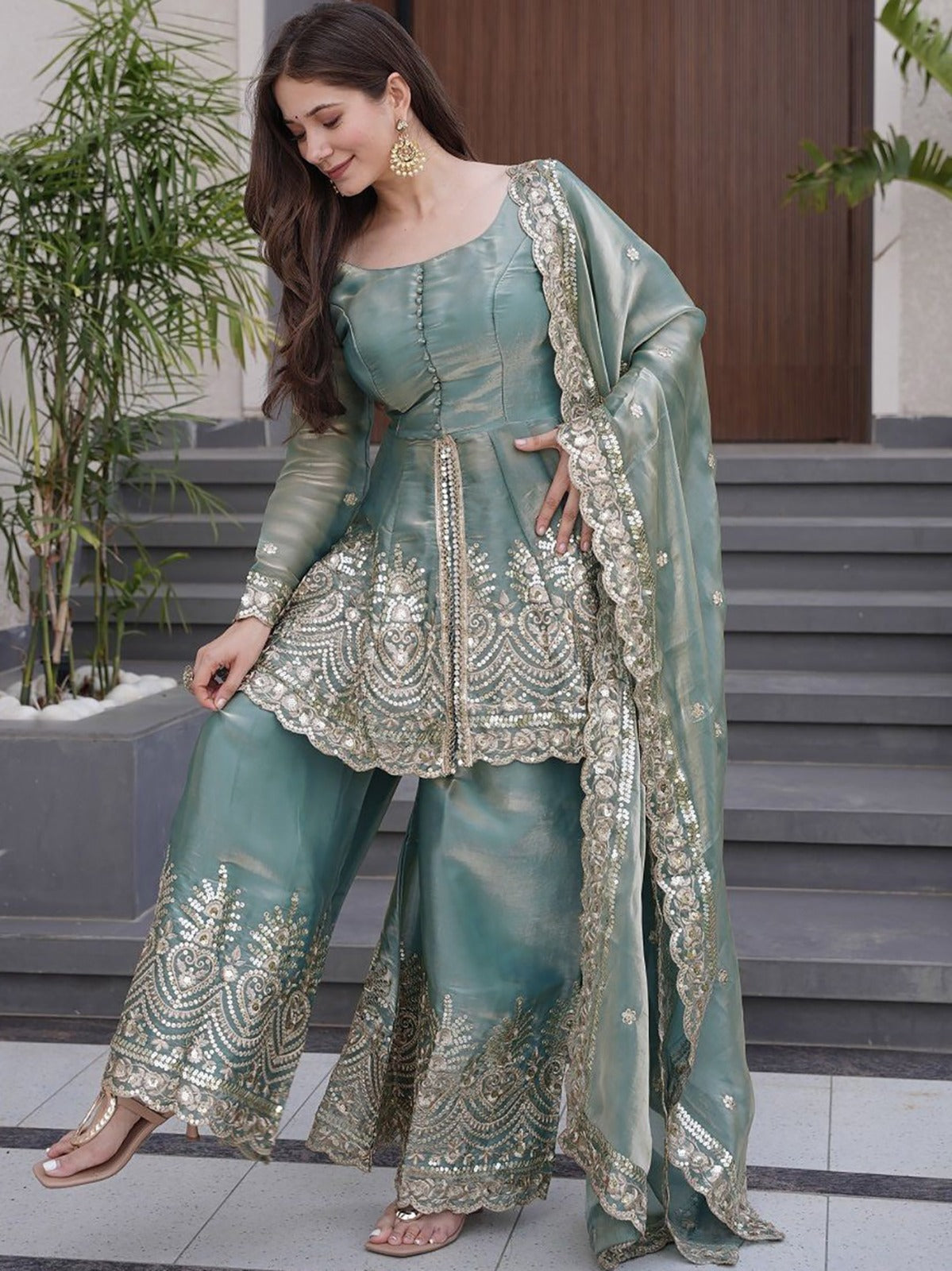 Sky Blue Fandy Silk Embroidered Sharara Set