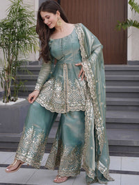 Sky Blue Fandy Silk Embroidered Sharara Set