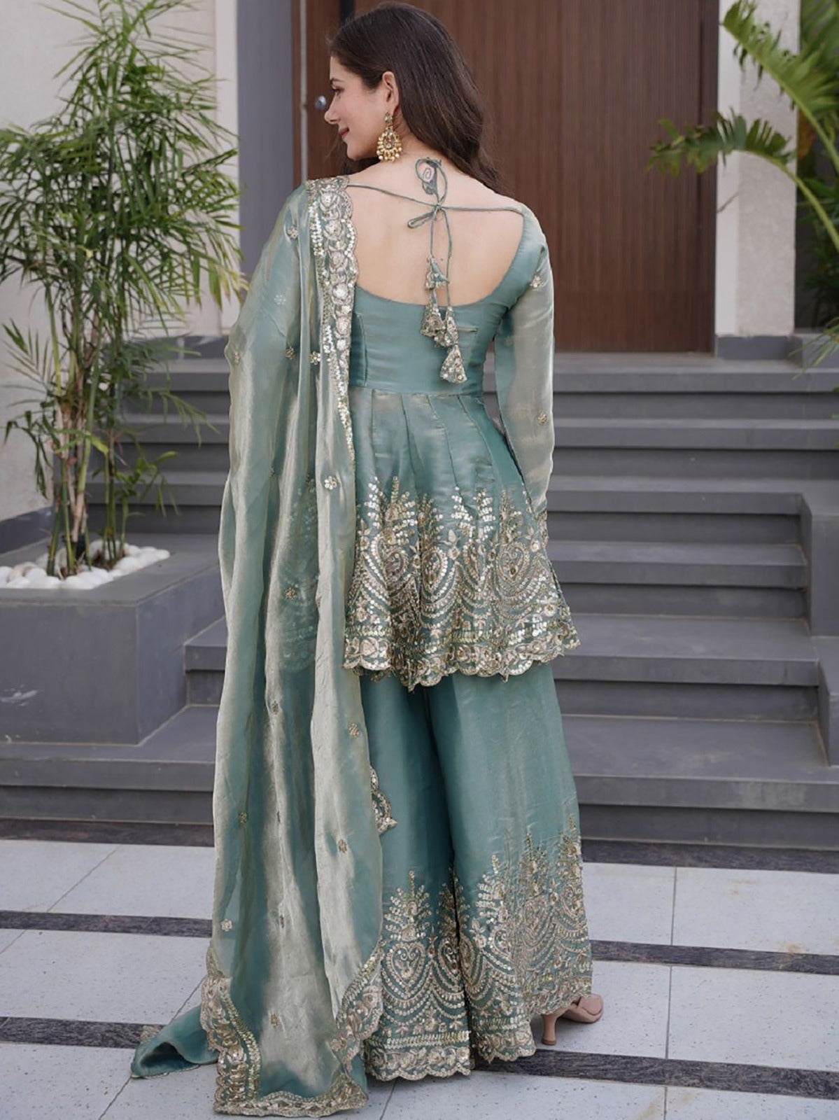 Sky Blue Fandy Silk Embroidered Sharara Set