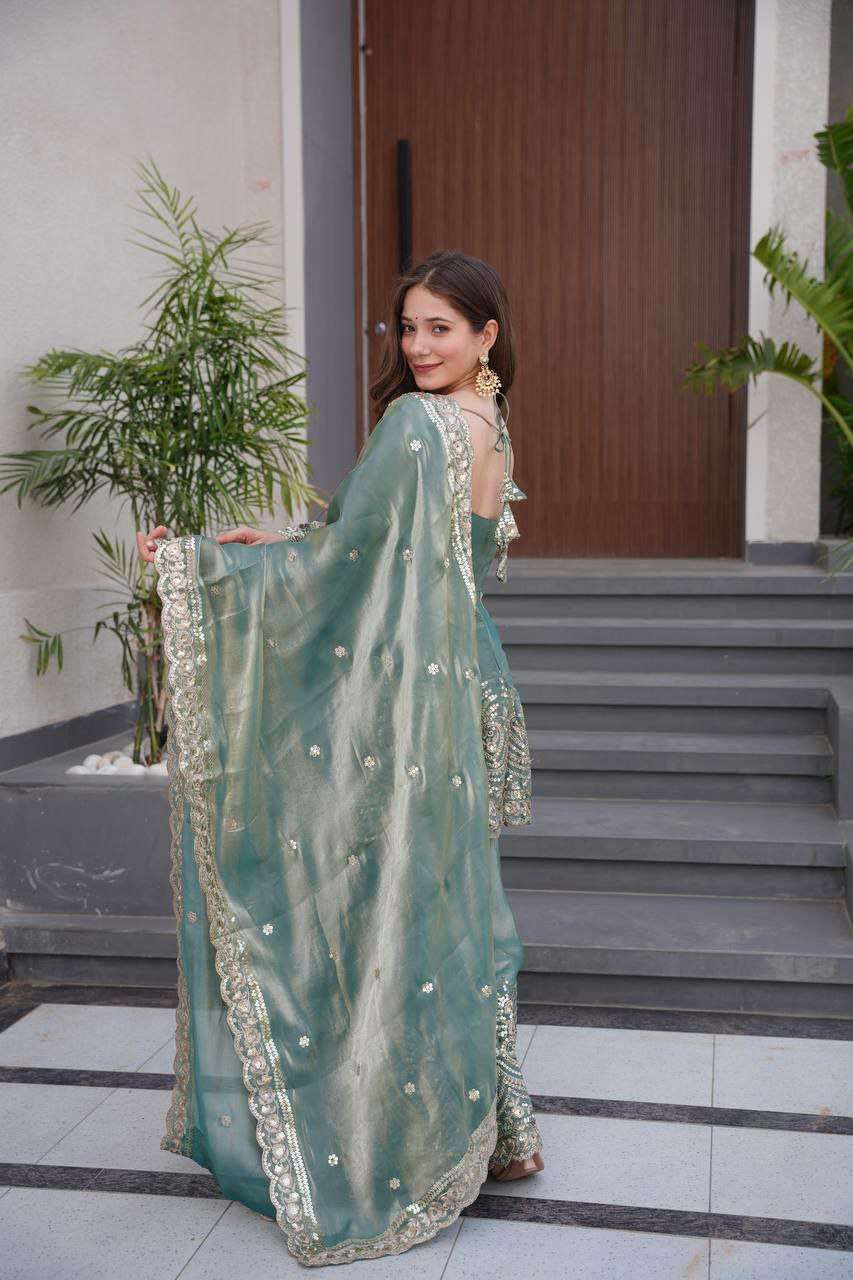 Sky Blue Fandy Silk Embroidered Sharara Set