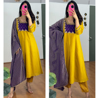 Mustard Yellow Viscose Embroidered Kurta Set