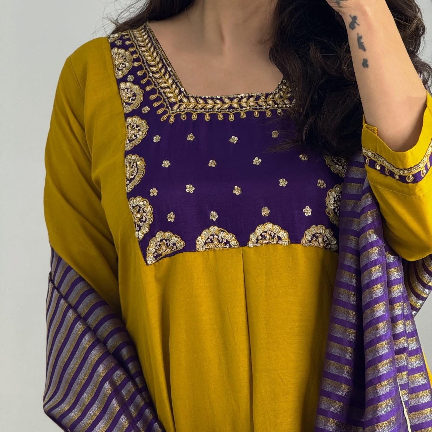 Mustard Yellow Viscose Embroidered Kurta Set