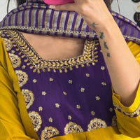 Mustard Yellow Viscose Embroidered Kurta Set