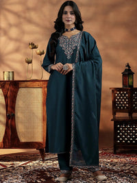 Teal Blue Embroidered Vichitra Suit Set