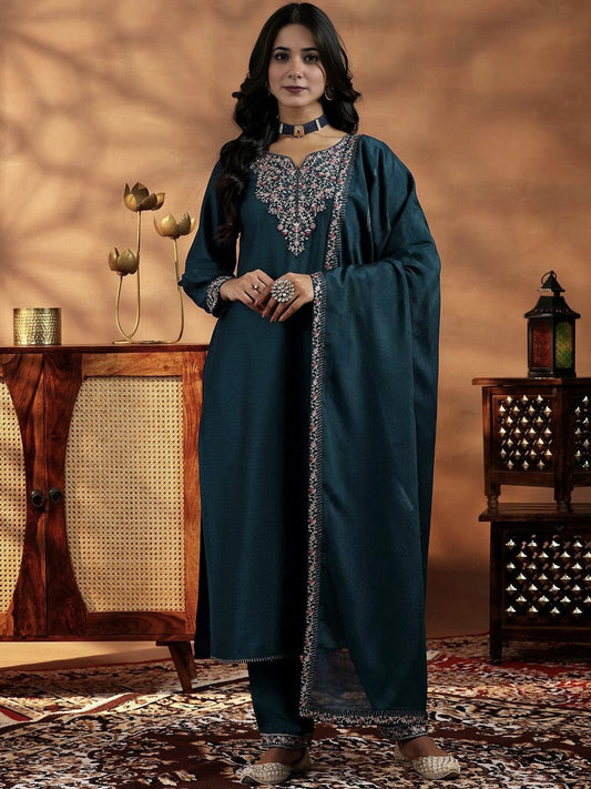 Teal Blue Embroidered Vichitra Suit Set